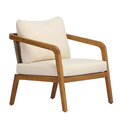 Jay Patio Lounge Chair Outdoor with Weather-Resistant Cushion, Modern Arm Chair with PE Wicker Backrest, Acacia Wood Club Chair for Outdoor Furniture, Cream+Light Brown+Teak