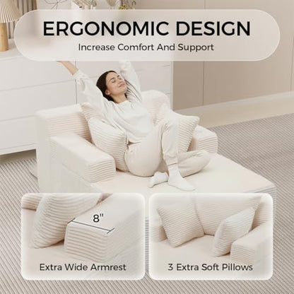65" Chaise Lounge Chair Indoor, Oversized Corduroy Sofa Bed with 3 Pillows, view 4