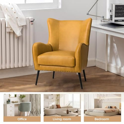 Faux Leather Accent Chair with Removable Cushion, Comfy Upholstered Armchair with Black Metal Legs & Nailhead Trim Wingback Vanity Chair for Reading Living Room Bedroom, Yellow