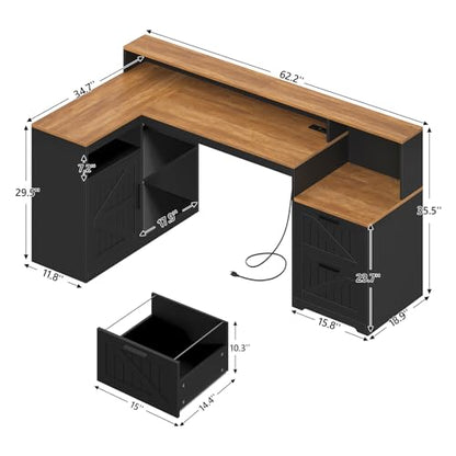 65" Farmhouse Computer Desk with Drawers and Printer Stand for Home Office, view 3
