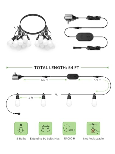 ZB1 AI Smart Outdoor String Lights, 54(42+12) ft RGB+IC+Warm White Outside Light with 15 Plastic LED Bulbs, Music Sync, Alexa Google Enable, 2.4 GHz WiFi+Bluetooth (APP Control, No Remote)