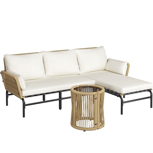 Yaheetech 3 Pieces L-Shaped Conversation Set, Outdoor Patio Furniture Set | w/Detachable Lounger, Thick Cushions, Glass Side Table for Patio, Backyard, Porch, Garden