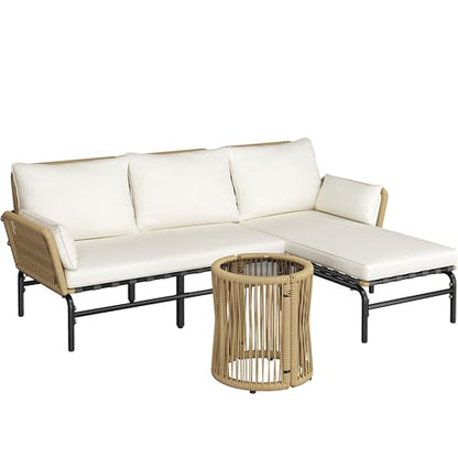 Yaheetech 3 Pieces L-Shaped Conversation Set, Outdoor Patio Furniture Set | w/Detachable Lounger, Thick Cushions, Glass Side Table for Patio, Backyard, Porch, Garden