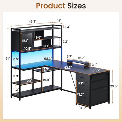 L Shaped Computer Desk, 58'' Office Desk with 3 Drawers and Bookshelf, L Shaped Corner Desk with Storage Shelves and LED Light for Home Office, Gaming Desk, L Desk, Black