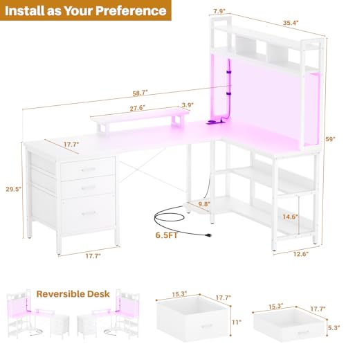 L Shaped Gaming Desk with Hutch, Gaming Desk with Led Lights, view 3