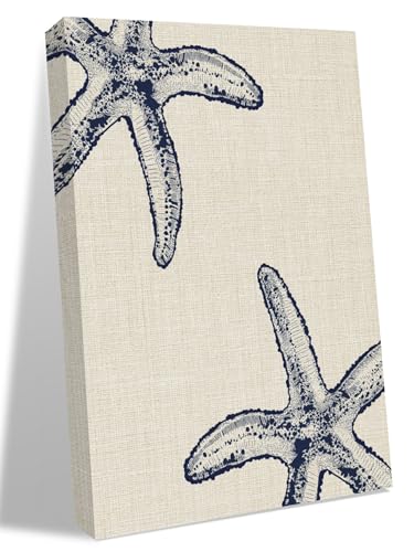 NuYeBiofx Rustic Blue Starfish on Vintage Linen Canvas Wall Art Prints,40"x28" Framed Picture Artwork Marine Life Printed Canvas Oil Painting for Living Room Bedroom Office,Ready to Hang