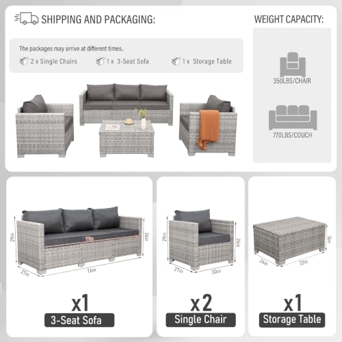 Patio Furniture Set 4 Piece Outdoor Wicker Conversation Sets PE Rattan Couch Sectional Sofa with Storage Table, Grey Cushion