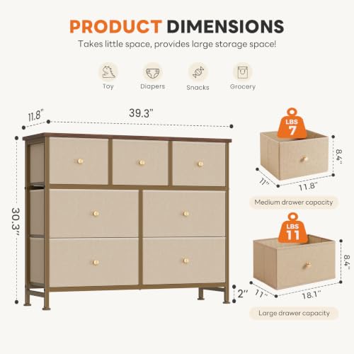 7 Drawer Dresser for Bedroom Storage with Fabric Bins, Khaki, view 4