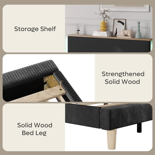 King Bed Frame with Storage Headboard & LED, Upholstered, Black, view 6