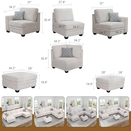 Oversized Modular Sectional Sofa,U/L-Shaped Corduroy Couch with Ottoman,Deep Seat & Removable Cushion,Easy Assembly for Living Room Apartment,7 Seater,Cream