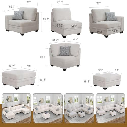 Oversized Modular Sectional Sofa,U/L-Shaped Corduroy Couch with Ottoman,Deep Seat & Removable Cushion,Easy Assembly for Living Room Apartment,7 Seater,Cream