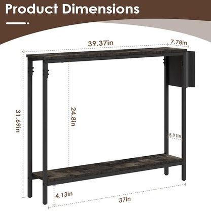 39.4" Console Entryway Table, 2-Tier Industrial Narrow Sofa Table with Storage Shelves for Hallway, Living Room, Bedroom, Foyer, Corridor, Office, Black
