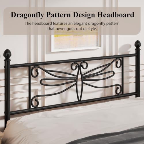 E-Ser Full Size Bed Frame, Metal Platform Bed with Dragonfly Pattern, Black, view 4
