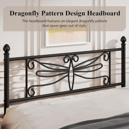 E-Ser Full Size Bed Frame, Metal Platform Bed with Dragonfly Pattern, Black, view 4