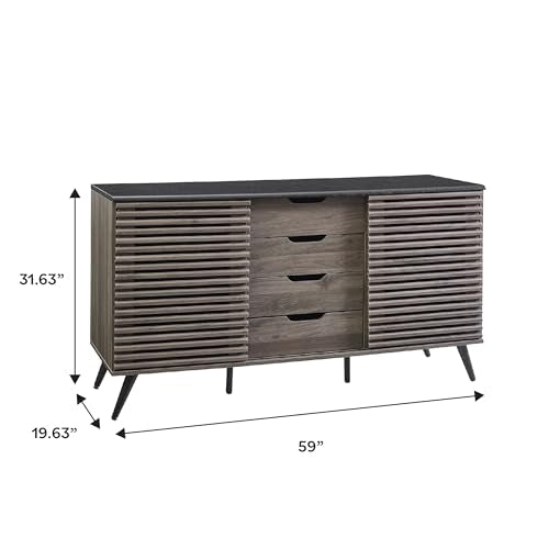 Modern 4 Drawer Sliding Door Wood Cabinet Buffet Entryway Serving Storage Cabinet Doors Dining Room Console, 59 Inch, Black and Slate Grey