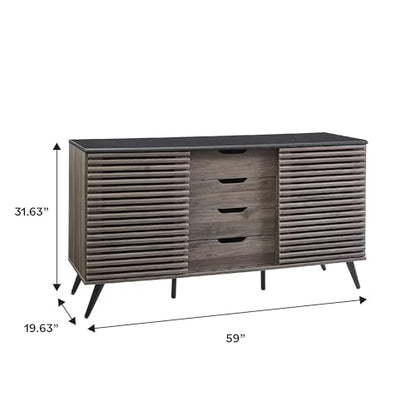 Modern 4 Drawer Sliding Door Wood Cabinet Buffet Entryway Serving Storage Cabinet Doors Dining Room Console, 59 Inch, Black and Slate Grey