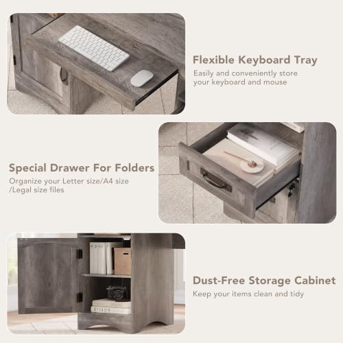 55'' Farmhouse Executive Desk with Drawers & Charging Station, Grey, view 8