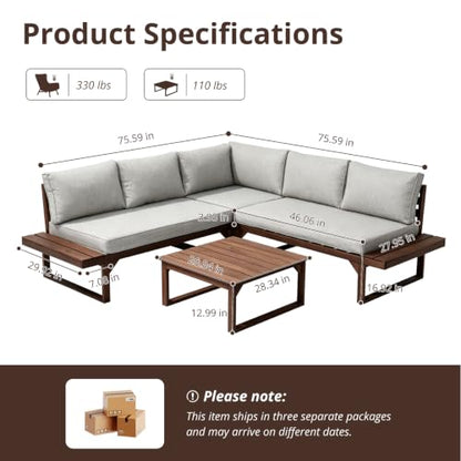 4 Pieces Wood Patio Furniture Set Outdoor Sectional, L Shaped Outdoor Couch Outdoor Sectional Furniture with Built-in Side Table for Backyard,Deck,Balcony