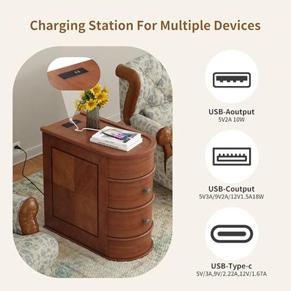 Narrow Solid Wood End Table with Charging Station, Brown | Vintage Slim Sofa Side Table & Nightstand, 2 Drawers, Compact Wood Storage, Fully Assembled
