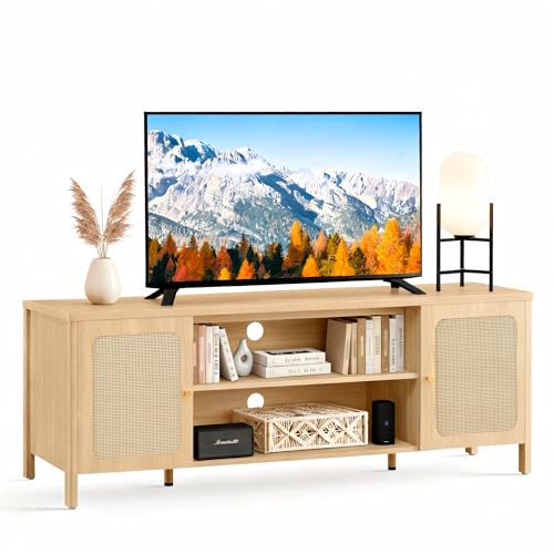 Rattan TV Stand for TVs up to 75'' Boho Entertainment Center with Adjustable Shelf Television Stand with 2 Storage Cabinets Media Console Wooden TV Cabinet for Living Room Bedroom,Natural Oak