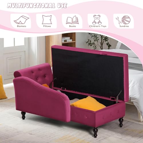 Velvet Chaise Lounge w/Right Armrest & Storage Space, Fuchsia, view 6