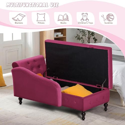 Velvet Chaise Lounge w/Right Armrest & Storage Space, Fuchsia, view 6