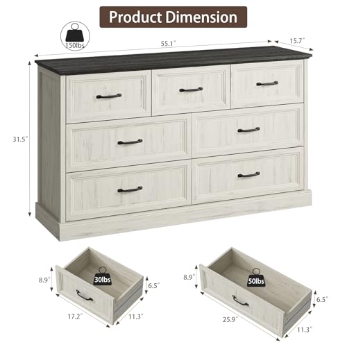 Farmhouse 7 Drawer Dresser for Bedroom, 55" White Dresser with TV Stand, view 3