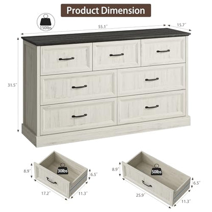 Farmhouse 7 Drawer Dresser for Bedroom, 55" White Dresser with TV Stand, view 3