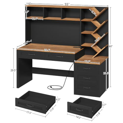 55" Computer Desk with Bookshelf, Drawers ＆ Hutch for Bedroom, Home Office, view 3