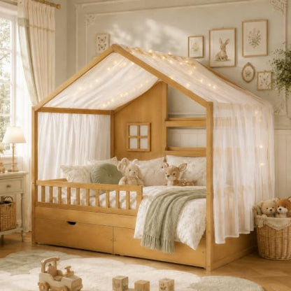 Twin House Bed for Kids with 2 Drawers & Canopy, Montessori Floor Bed with Rails, view 2