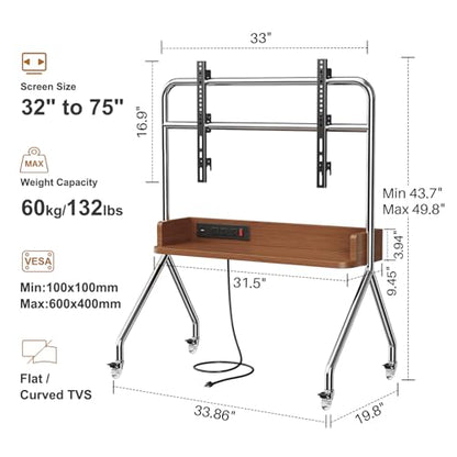 Rolling TV Stand with Power Outlet & Wooden Shelf, view 4