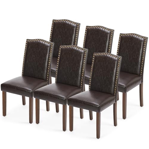 Dining Chairs Set of 6, Moden PU Leather Kitchen Table Chairs with Wooden Legs and Padded Seat for Dining Room/Kitchen/Living Room/Restaurant, Brown