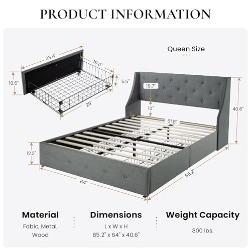 Upholstered Queen Size Platform Bed Frame with 4 Storage Drawers and Wingback Headboard, Diamond Stitched Button Tufted Design, No Box Spring Needed, Light Grey