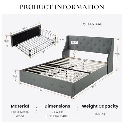 Upholstered Queen Size Platform Bed Frame with 4 Storage Drawers and Wingback Headboard, Diamond Stitched Button Tufted Design, No Box Spring Needed, Light Grey