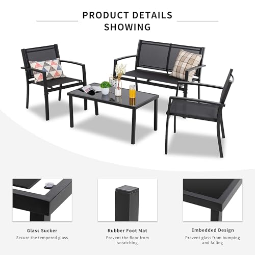 4 Pieces Patio Furniture Set All Weather Textile Fabric Outdoor Conversation Set, with Glass Coffee Table, Loveseat, 2 Single Chairs for Home, Garden, Lawn, Porch（Black）
