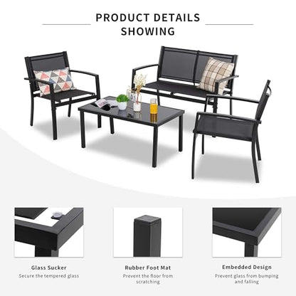 4 Pieces Patio Furniture Set All Weather Textile Fabric Outdoor Conversation Set, with Glass Coffee Table, Loveseat, 2 Single Chairs for Home, Garden, Lawn, Porch（Black）