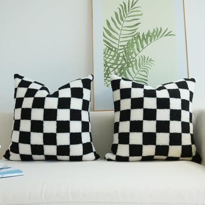 Decorative Throw Pillow Covers Luxury Style Checkerboard Pattern Cushion Case Super Soft Faux Fur Wool Pillowcases for Couch Bedroom Pack of 2 (Black, 18 x 18-Inch)