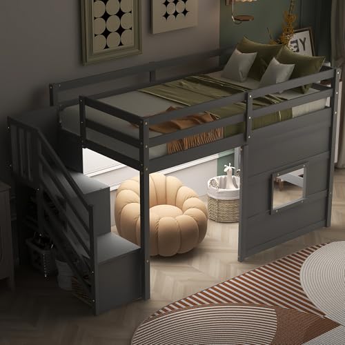LUMISOL Twin Loft Bed, Solid Wood Low Loft Bed Frame with Staircase, Plyhouse, Window and Safety Guardrails, No Box Spring Needed, Grey