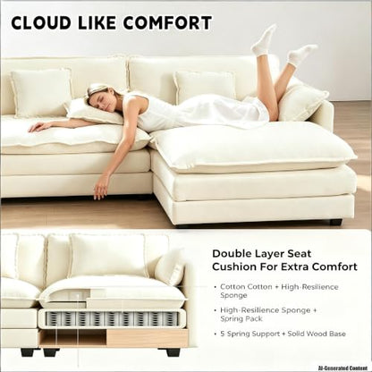 Modular Sectional Sofa with Ottoman: 76.7" Modern L Shaped Sectionals Cloud Couch, Comfy Couch Loveseat, 3 Seat Chenille Deep Seat Sofa with Pillow for Living Room,Bedroom Apartment,Small Spaces-Beige