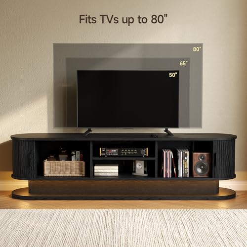 70" TV Stand up to 80 Inch with LED Lights and Power Outlet, Black, view 4