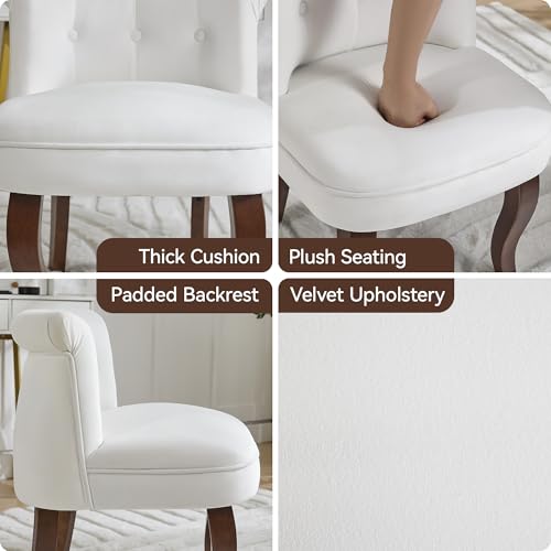 Velvet Vanity Chair with Back, Tufted Upholstered Vanity Stool with Solid Wood Legs, Mid Century Small Makeup Chair for Vanity, Accent Chair for Bedroom, Living Room, White