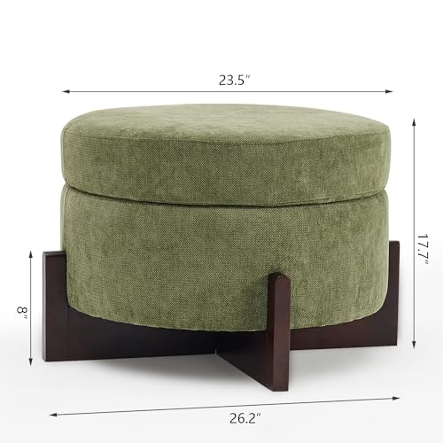 26Inch Round Storage Ottoman, Modern Chenille Upholstered Ottoman with Storage, Ottoman Coffee Table with Removable Top, Footrest Stool for Living Room, Bedroom (Green)