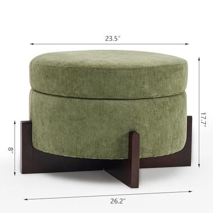 26Inch Round Storage Ottoman, Modern Chenille Upholstered Ottoman with Storage, Ottoman Coffee Table with Removable Top, Footrest Stool for Living Room, Bedroom (Green)