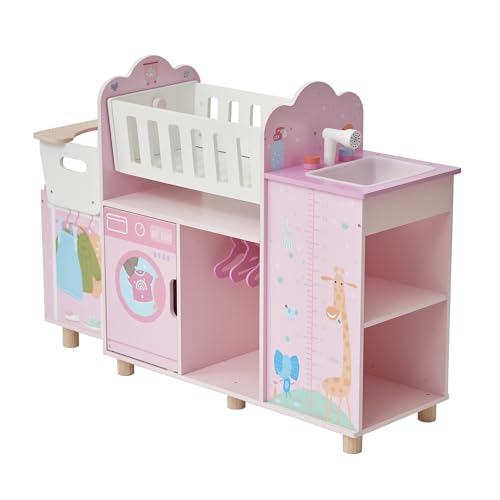 Olivia's Little World Amanda 6-in-1 Wooden Doll Nursery Station, Pink/Multi | Rocking Cradle, High Chair, Storage, Washing Machine and Sink, For 3 yrs and up