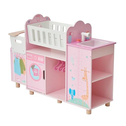 Olivia's Little World Amanda 6-in-1 Wooden Doll Nursery Station, Pink/Multi | Rocking Cradle, High Chair, Storage, Washing Machine and Sink, For 3 yrs and up