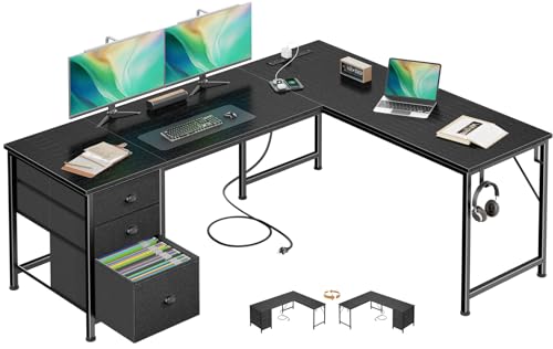 63" L Shaped Computer Desk with Power Outlet & USB-C Port, Reversible Home Office Desk with 2 Fabric Drawers, File Cabinet, Hooks, Large Corner Table for Gaming, Writing, Work, Black