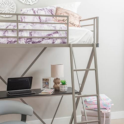 Powell Furniture Z-Bedroom Metal Pewter Powder Coated Twin Size Loft Study Bunk Bed with Computer Desk