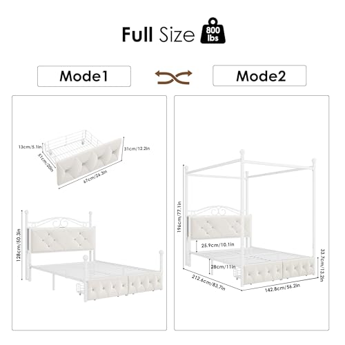 Full Upholstered Canopy Bed Frame with 2 Drawers & Crystal Tufted Storage, view 3
