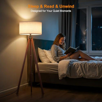 Wood Tripod Floor Lamp, Mid Century Standing Lamp, Modern Design Studying Light for Living Room, Bedroom, Study and Office, Flaxen Linen Shade with E26 Base Brown