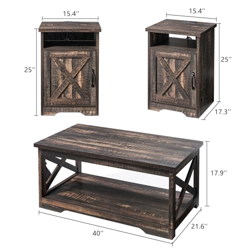 3-Piece Farmhouse Table Set Includes Coffee Table& Two End Tables, Side Table with Charging Station and USB Ports, for Living Room, Dark Oak